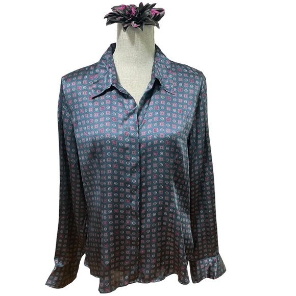 Alfani 100% Silk Blouse Women’s Size 16 Geometric Print Button Down Long Sleeve - Picture 1 of 10